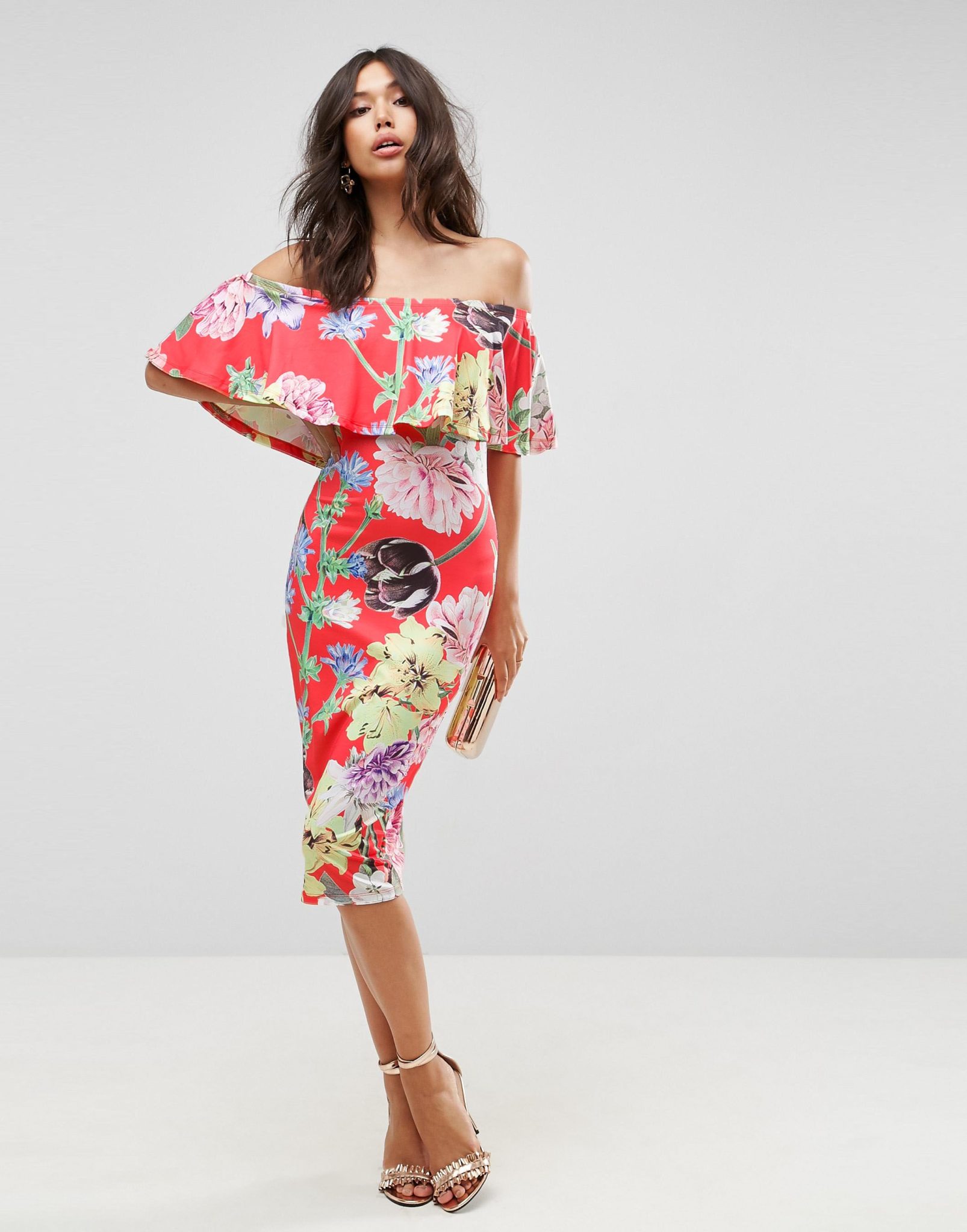 ASOS Floral Ruffle Bardot Off Shoulder Midi Dress - Liyanah