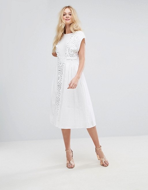 ASOS Lace Insert Midi Dress with Pom Pom Trim - Liyanah