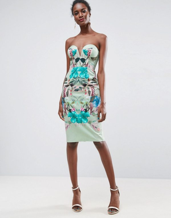 ASOS Mint Tropical Floral Placed Cupped Bandeau Midi Dress - Liyanah