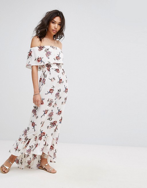 prettylittlething bardot floral midi dress