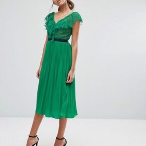 Three Floor Midi Dress with Pleated Skirt and Frill Detail - Liyanah