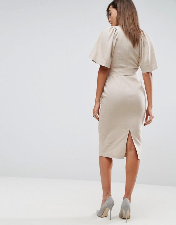 ASOS Shoulder Detail Pencil Dress in Linen With Obi Belt - Liyanah