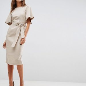 ASOS Shoulder Detail Pencil Dress in Linen With Obi Belt - Liyanah