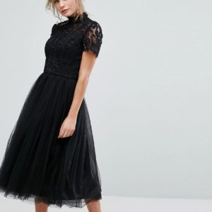 Chi Chi London High Neck Lace Midi Dress With Tulle Skirt - Liyanah