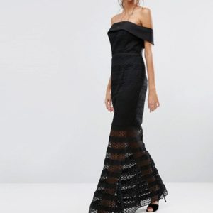 Jarlo Tall Allover Lace Bardot Midi Dress With Fluted Hem - Liyanah