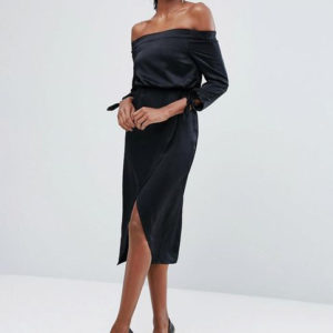 Lavish Alice Off Shoulder Midi Dress With Tie Sleeve - Liyanah