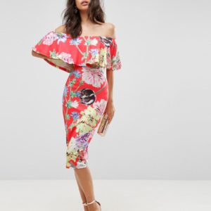 ASOS Floral Ruffle Bardot Off Shoulder Midi Dress - Liyanah