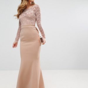 City Goddess Petite Fishtail Maxi Dress With Lace Sleeves And Bow Back - Liyanah