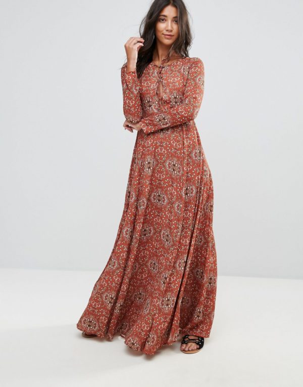 Glamorous Tan Baroque Maxi Dress - Liyanah