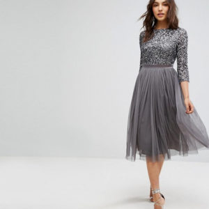 Maya 3-4 Sleeve Midi Dress in Tonal Delicate Sequin and Puffy Tulle Skirt with Bow Back - Liyanah