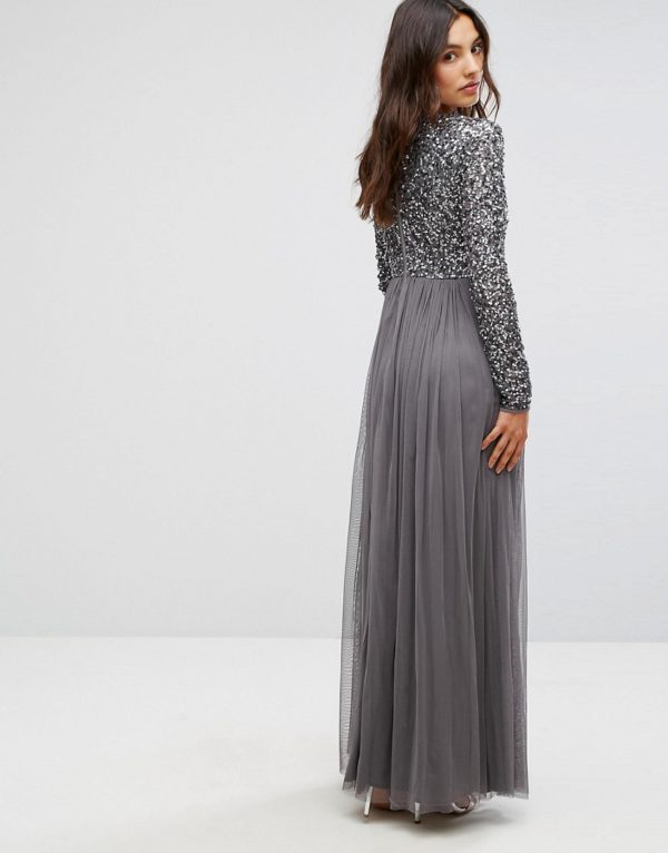 Maya Long Sleeved Maxi Dress with Delicate Sequin and Tulle Skirt - Liyanah