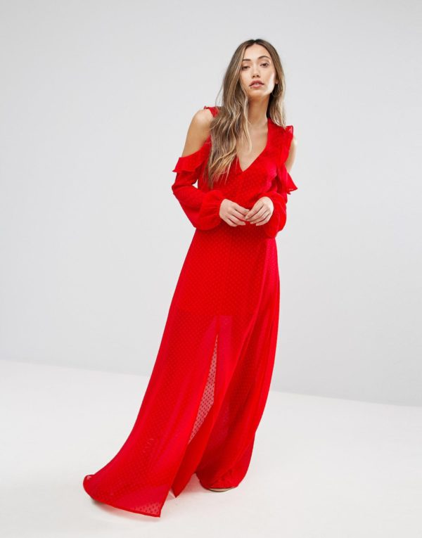 Pearl Ruffle Cold Shoulder Maxi Dress - Liyanah