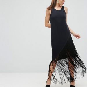 ASOS Black Maxi Dress With Fringe Detail - Liyanah