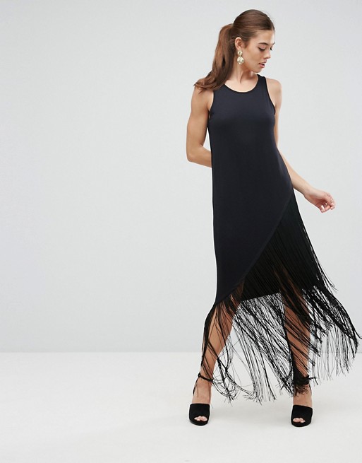 ASOS Black Maxi Dress With Fringe Detail - Liyanah