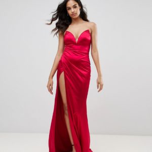 Club L Plunge Front Bandeau Maxi Dress With Thigh Split - Liyanah