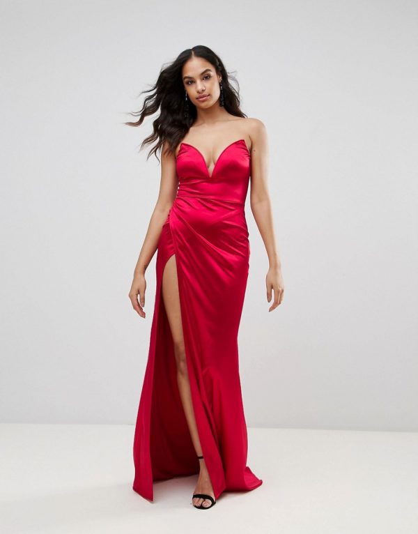 Club L Plunge Front Bandeau Maxi Dress With Thigh Split - Liyanah