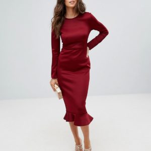 Club L Office Long Sleeve Detailed Dress With Peplum Frill Hem Bodycon Midi Dress - Liyanah