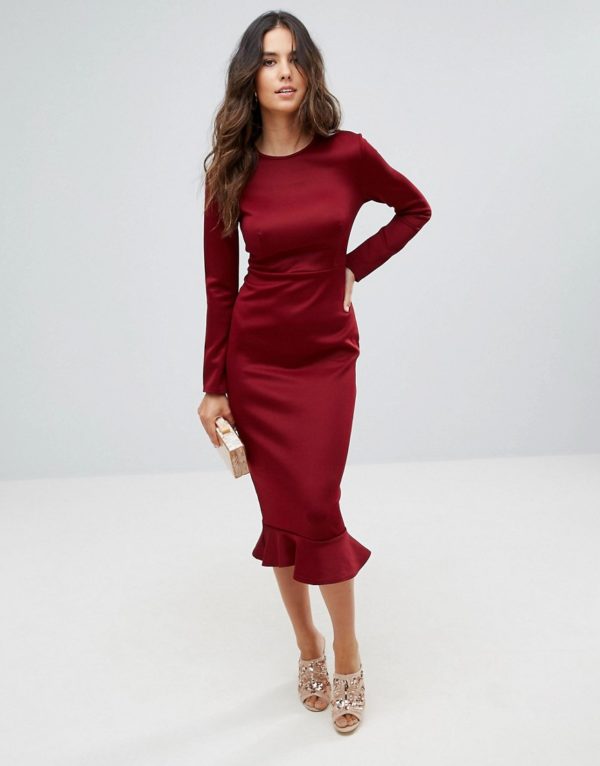 Club L Office Long Sleeve Detailed Dress With Peplum Frill Hem Bodycon Midi Dress - Liyanah