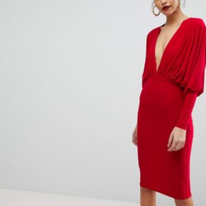 Club L Slinky Batwing V Plunge Gathered Detailed Red Midi Dress - Liyanah