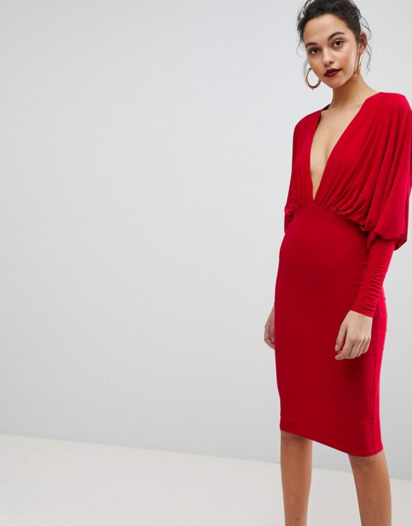 Club L Slinky Batwing V Plunge Gathered Detailed Red Midi Dress - Liyanah