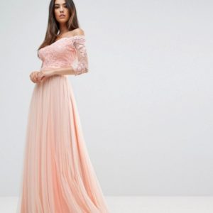 Forever Unique Bridesmaid Bardot 3-4 Sleeve Pink Maxi Dress - Liyanah