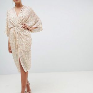 ASOS DESIGN Midi Plunge Embellished Nude Kimono Dress - Liyanah