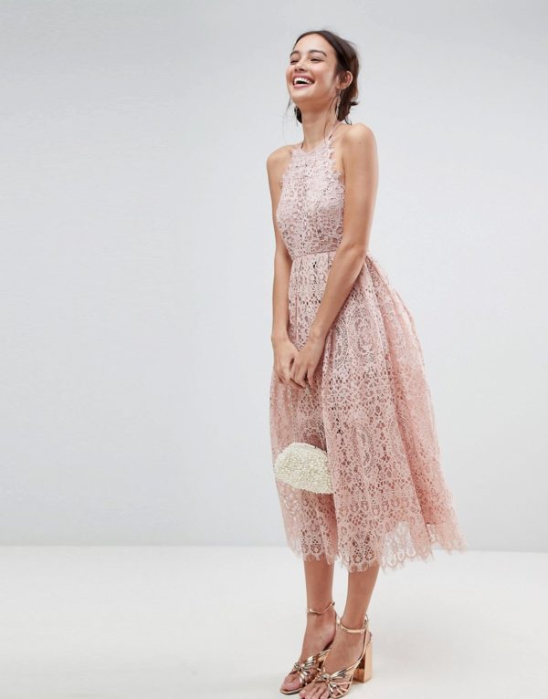 ASOS Pink Lace Pinny Scallop Edge Midi Prom Dress - Liyanah