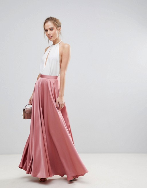 ASOS Satin Pink Maxi Skirt with Centre Front Split - Liyanah