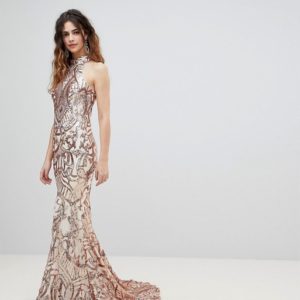 Bariano High Neck Embellished Rose Gold Sequin Maxi Dress - Liyanah