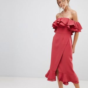C Meo Collective Immerse Off Shoulder Rose Pink Red Ruffle Midi Dress - Liyanah