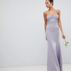 Club L Crochet Scalloped Bandeau Fishtail Grey Maxi Dress - Liyanah