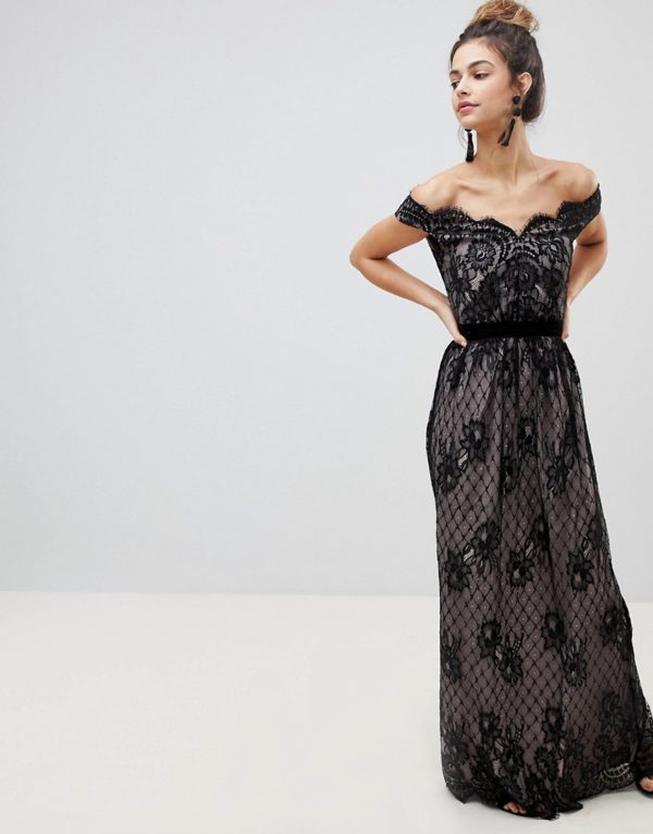 Little Mistress Black Nude Lace Maxi Dress - Liyanah