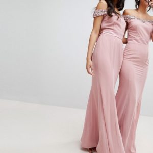 Maya Bardot Sequin Detail Pink Maxi Dress With Bow Back Detail - Liyanah