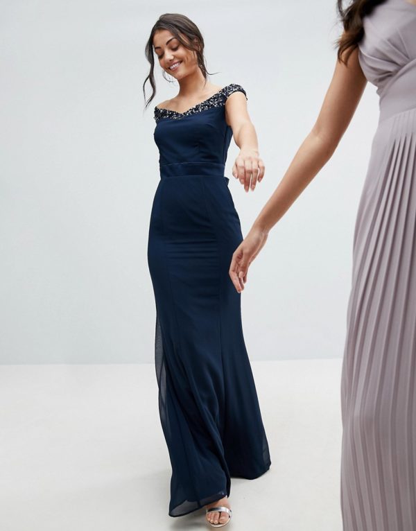 Maya Tall Bardot Sequin Detail Maxi Dress With Bow Back Detail - Liyanah