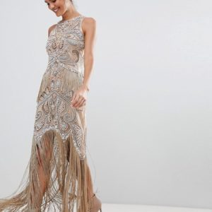 A Star Is Born Luxe All Over Jewel Embellished Nude Maxi Dress With Beaded Tassel Hem - Liyanah