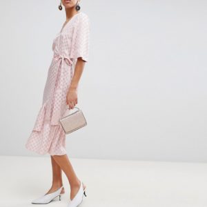 ASOS Jacquard Kimono Sleeve Wrap Pink Midi Dress - Liyanah