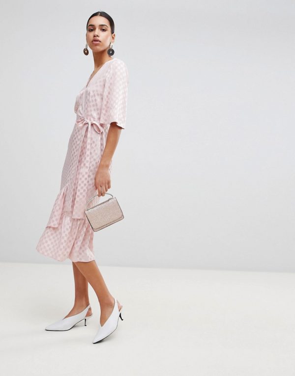 ASOS Jacquard Kimono Sleeve Wrap Pink Midi Dress - Liyanah