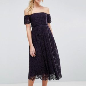 ASOS Off the Shoulder Lace Prom Navy Blue Midi Dress - Liyanah