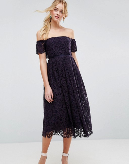 ASOS Off the Shoulder Lace Prom Navy Blue Midi Dress - Liyanah