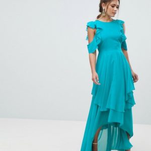 ASOS Ruffle Sleeve Cut Out Back Turquoise Maxi Dress - Liyanah