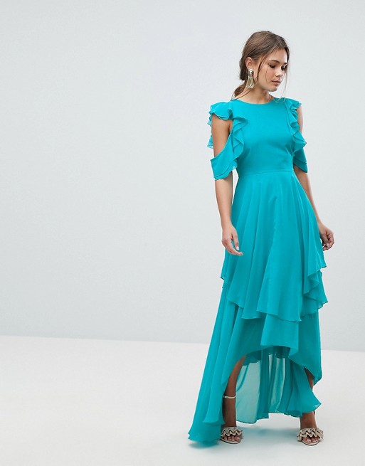 ASOS Ruffle Sleeve Cut Out Back Turquoise Maxi Dress - Liyanah