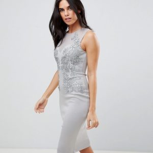 Ax Paris Applique Detial Scuba Grey Bodycon Dress - Liyanah