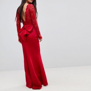 City Goddess Petite Bow Back Red Maxi Dress With Lace Body - Liyanah
