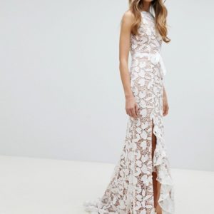 Jarlo All Over Cutwork Lace White Maxi Dress With Bow Detail Waist - Liyanah