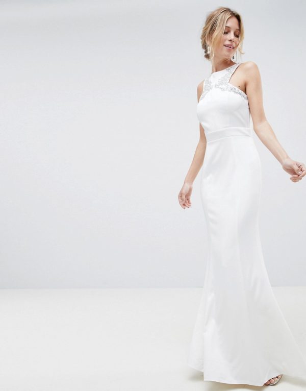 Little Mistress Racer White Neck Maxi Dress With Embellished Detail And Open Back - Liyanah
