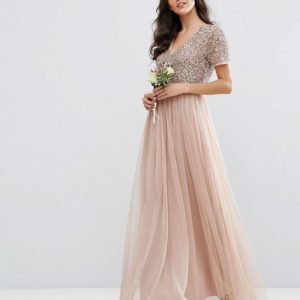 Maya V Neck Maxi Tulle Taupe Nude Pink Dress with Tonal Delicate Sequins - Liyanah