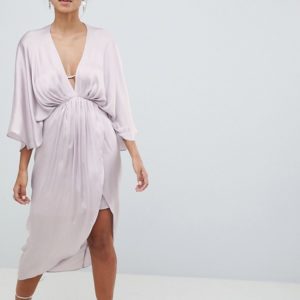 ASOS DESIGN Midi Plunge Kimono Silver Pink Grey Dress In Satin - Liyanah