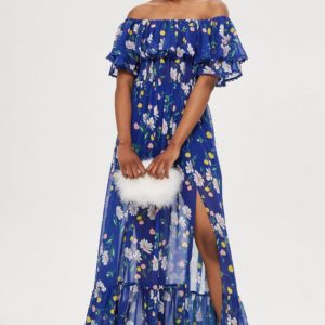 Blue Floral Bardot Maxi Dress Off Shoulder - Liyanah