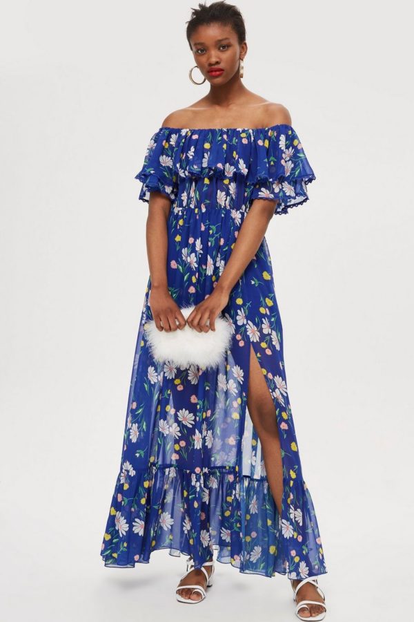 Blue Floral Bardot Maxi Dress Off Shoulder - Liyanah