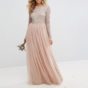 Maya Long Sleeved Nude Maxi Dress with Delicate Sequin and Tulle Skirt - Liyanah